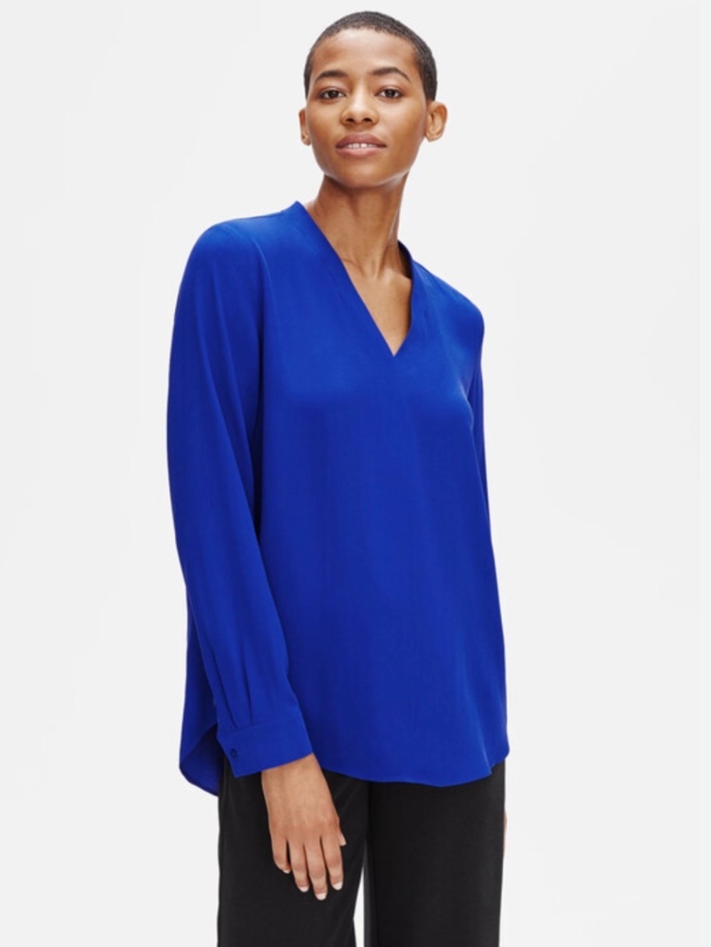 EILEEN FISHER V Neck 100% SILK Georgette CrepeTop Long sleeve women’s size